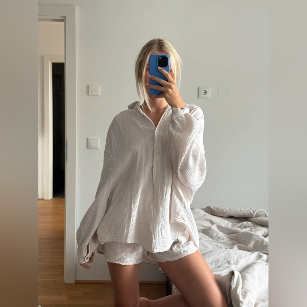 Cream Textured Button-Up Shirt and Shorts Set